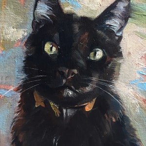 Curiose custom Black cat portrait, Cat original painting canvas oil, Lucky black cat wall art Miniature pet painting 8x6, Personalized cat image 1