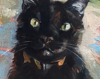 Curiose custom Black cat portrait, Cat original painting canvas oil, Lucky black cat wall art Miniature pet painting 8x6, Personalized cat