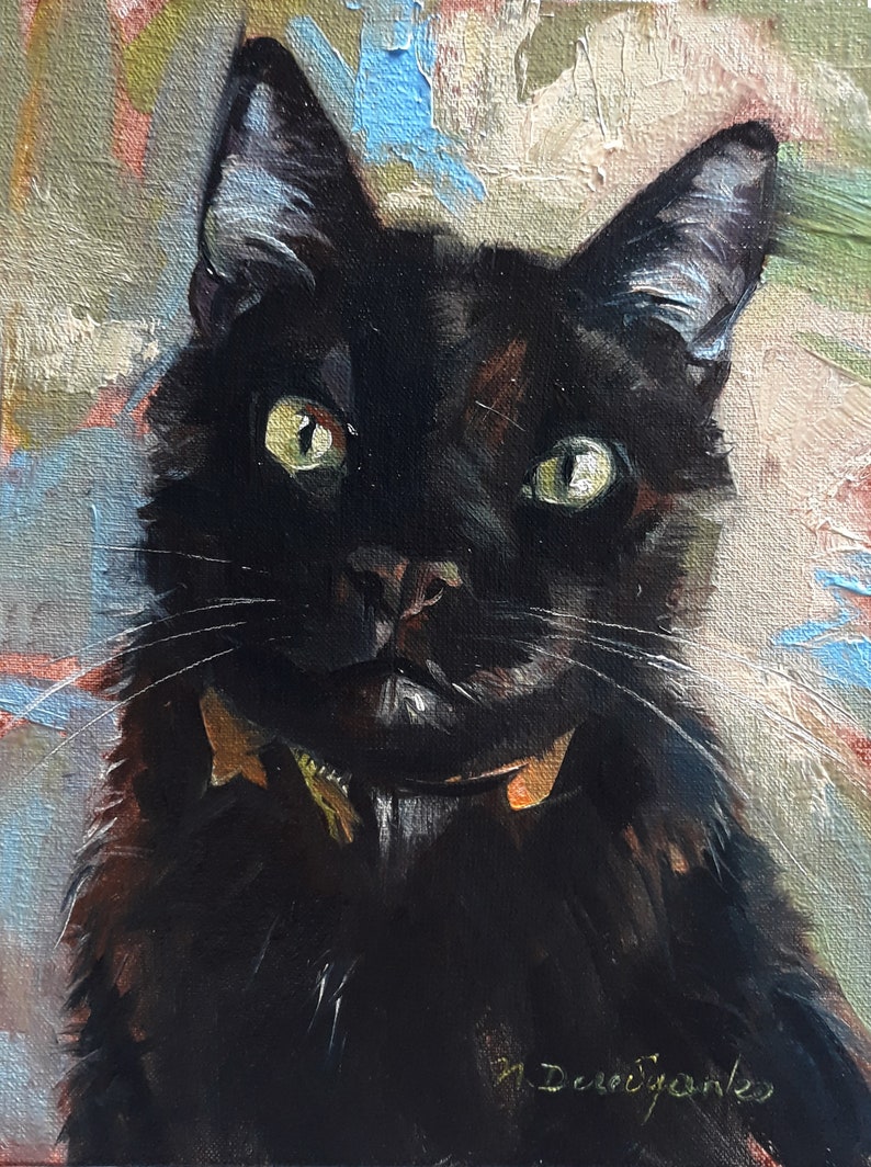 Curiose custom Black cat portrait, Cat original painting canvas oil, Lucky black cat wall art Miniature pet painting 8x6, Personalized cat image 1