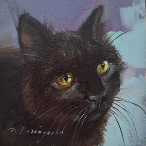 Custom pet portrait cat painting original oil framed 4x4, Small framed art cat black artwork, Cat portrait from photo gift for owner