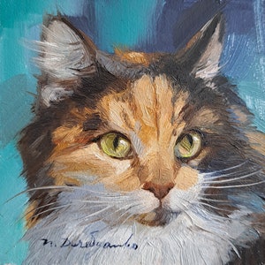 Custom pet portrait cat painting original oil framed 4x4, Small framed art cat beige artwork, Cat portrait from photo gift for owner