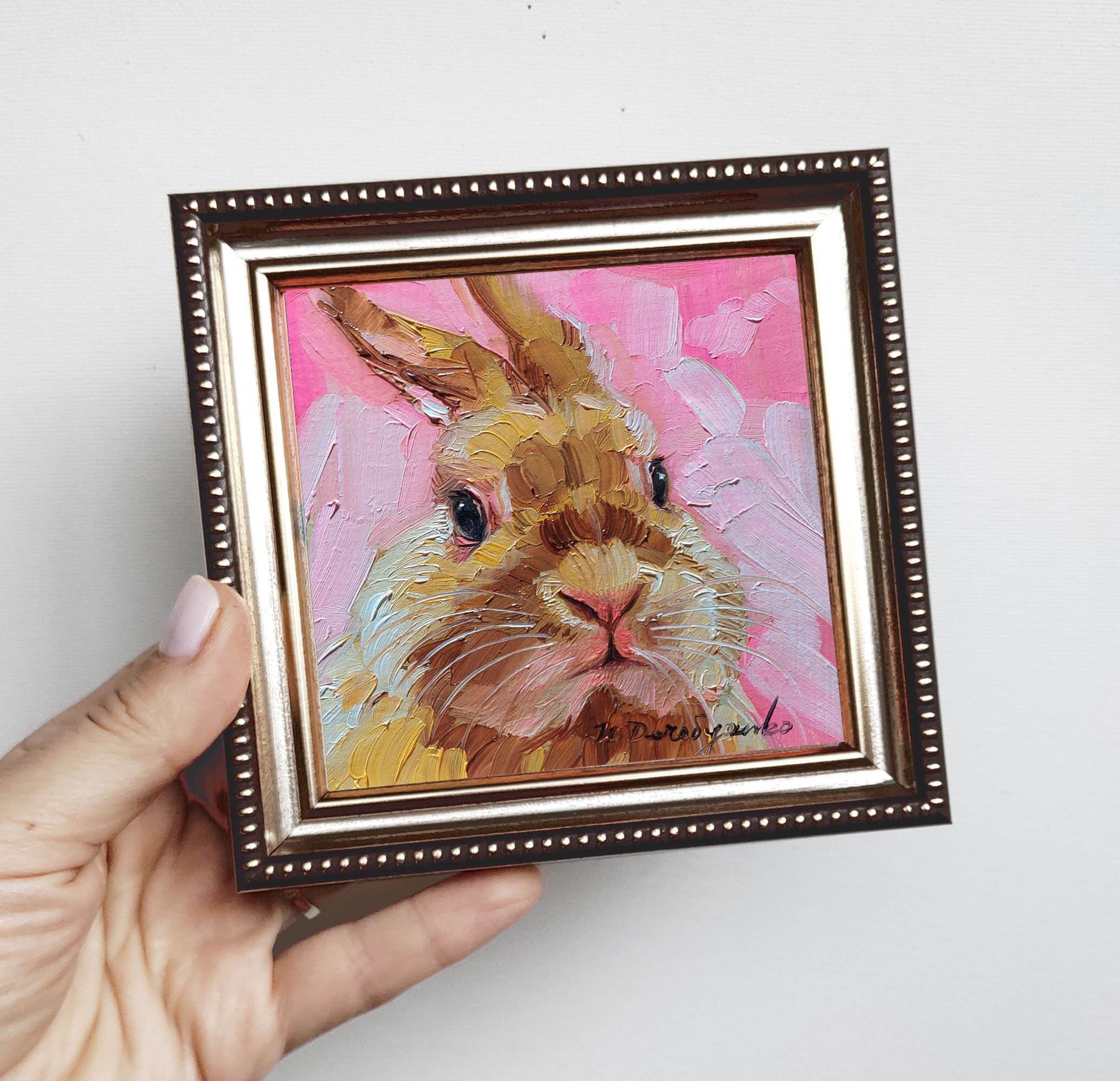 Cute Rabbit Painting Original Oil Framed 4x4, Small Framed Art Rabbit ...