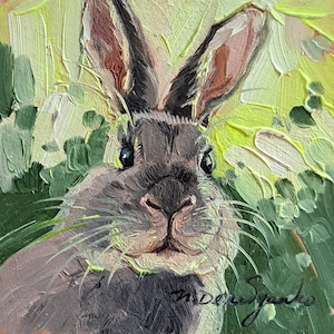 Cute rabbit painting original oil framed 4x4, Small framed art rabbit artwork, Bunny illustration art gift for friend