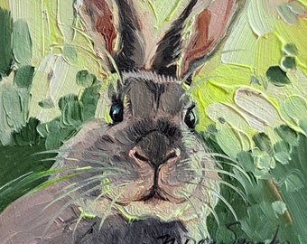 Cute rabbit painting original oil framed 4x4, Small framed art rabbit artwork, Bunny illustration art gift for friend