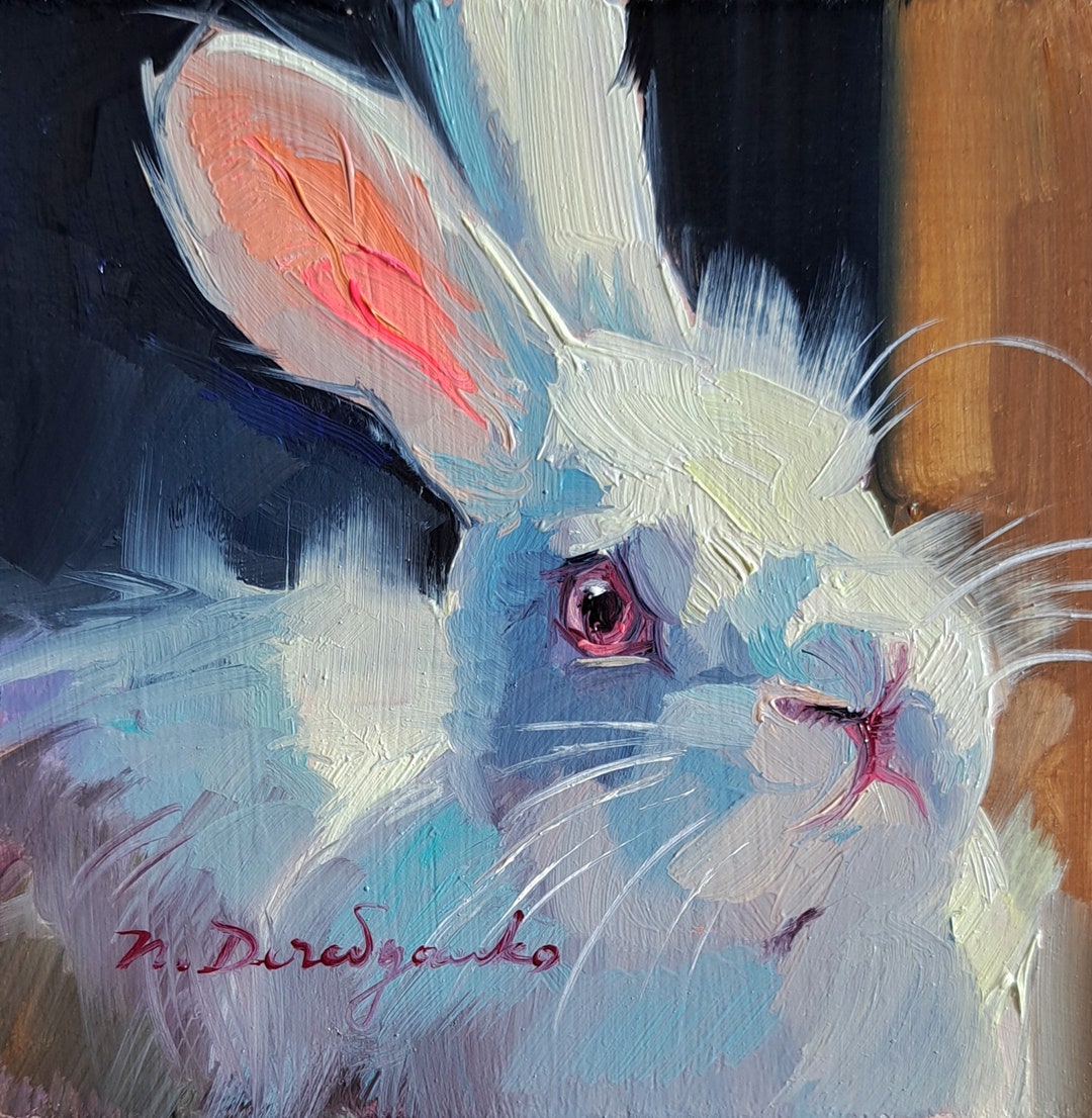 ★Original ART  ‘RABBIT' White Rabbit Painting Original Oil Framed 4x4, Small Framed