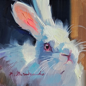 White rabbit painting original oil framed 4x4, Small framed art rabbit artwork, Bunny illustration art gift for friend