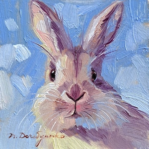 Bunny painting original oil framed 4x4, Small framed art white rabbit artwork purple background - Tap into your magic
