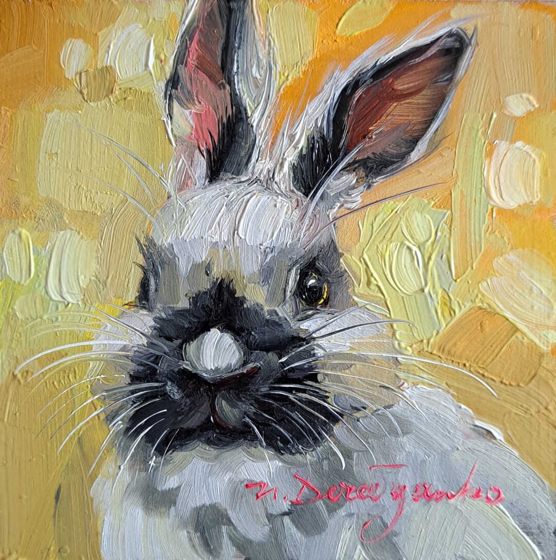 Cute Rabbit Painting Original Oil Framed 4x4, Small Framed Art Black ...