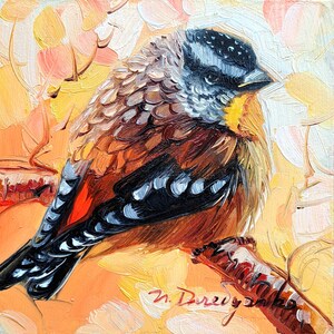 Bird painting original, Small oil painting framed 4x4 miniature art gift for mom