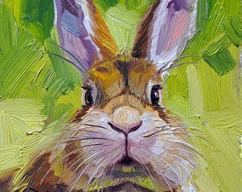 Lapin mignon peignant à l'huile originale 4 x 4, petite oeuvre d'art encadrée de lapin, cadeau d'art d'illustration de lapin pour un ami