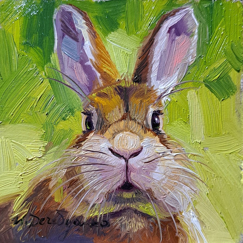 Lapin mignon peignant à l'huile originale 4 x 4, petite oeuvre d'art encadrée de lapin, cadeau d'art d'illustration de lapin pour un ami image 1