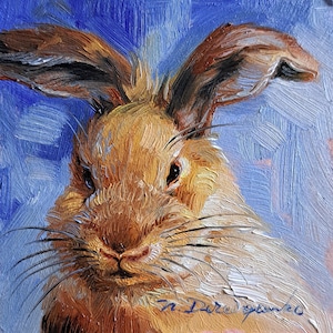 Bunny painting original oil 4x4 framed painting, Small framed art blue rabbit artwork, Wife gift Birthday