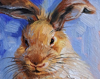 Bunny painting original oil 4x4 framed painting, Small framed art blue rabbit artwork, Wife gift Birthday