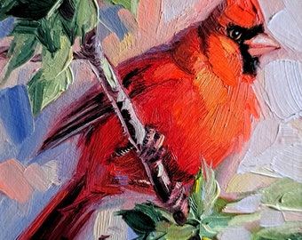 Pájaro rojo pequeño marco de pintura 4x4 Cardinal pintura al óleo original, Pájaro pequeño marco arte decoración de la pared miniatura Imagen de regalo de cumpleaños