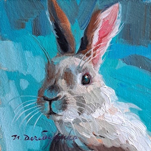 Bunny painting original oil framed 4x4, Small framed art white rabbit artwork turquoise Custom pet portrait animal oil painting