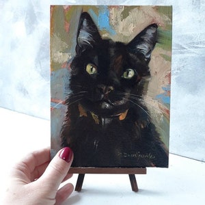 Curiose custom Black cat portrait, Cat original painting canvas oil, Lucky black cat wall art Miniature pet painting 8x6, Personalized cat image 7