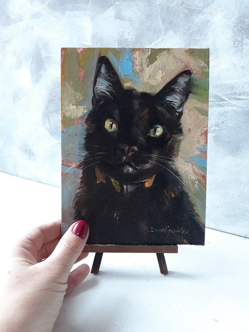 Curiose custom Black cat portrait, Cat original painting canvas oil, Lucky black cat wall art Miniature pet painting 8x6, Personalized cat image 7