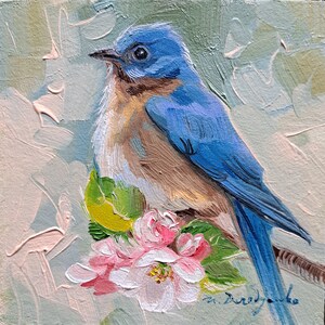 Peinture originale d'oiseau bleu 4 x 4 petite oeuvre encadrée, oiseau bleu des montagnes sur une branche en fleurs art mural meilleur cadeau ami pour femme