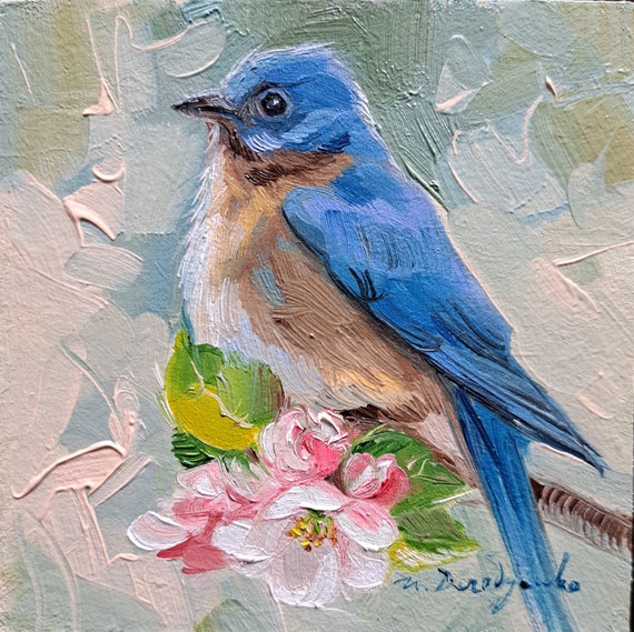 Blue Bird Painting Original 4x4 Small Art Framed, Mountan Bluebird
