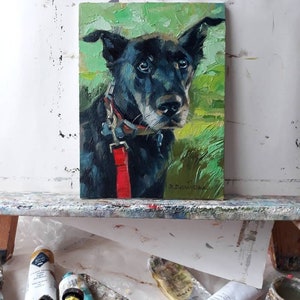 Custom pet portrait, Black dog in green custom painting, Dog portrait to order, Customized art dog, Dog lovers memorial gift for owners image 2