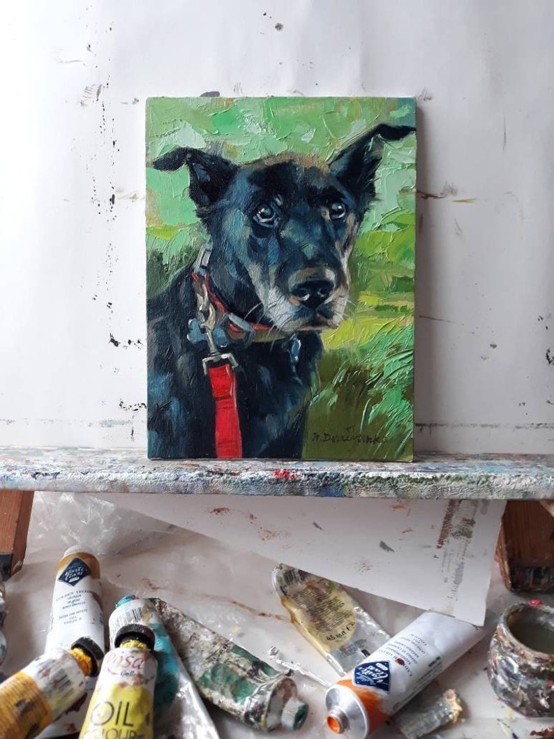 Custom pet portrait, Black dog in green custom painting, Dog portrait to order, Customized art dog, Dog lovers memorial gift for owners image 2