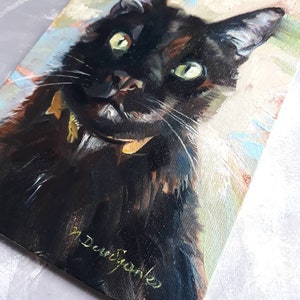 Curiose custom Black cat portrait, Cat original painting canvas oil, Lucky black cat wall art Miniature pet painting 8x6, Personalized cat image 10