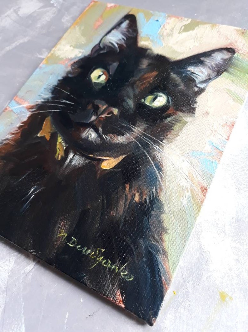 Curiose custom Black cat portrait, Cat original painting canvas oil, Lucky black cat wall art Miniature pet painting 8x6, Personalized cat image 10