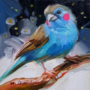 Peinture originale d'oiseau bleu 4 x 4 petite oeuvre encadrée, art mural oiseau Cardon-bleu sur la branche Meilleur cadeau ami pour femme