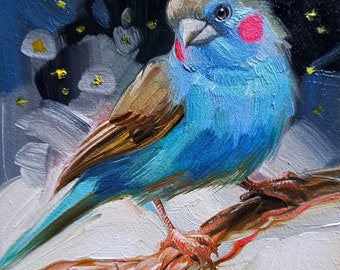 Blue bird painting original 4x4 small art framed, Cardon-bleu bird on the branch wall art Best friend gift for women