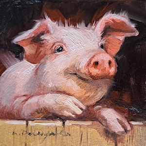Pink pig artwork oil painting original small art framed 4x4, Custom pet portrait, Nursery wall art piggy lover gift