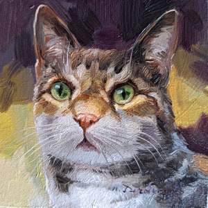 Custom pet portrait cat painting original oil framed 4x4, Small framed art cat artwork, Cat portrait from photo gift for owner