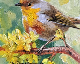 Peinture d’oiseau Ribin huile originale encadrée 4x4, Petite œuvre d’art encadrée d’oiseau, Cadeau d’art d’illustration d’oiseau pour un ami
