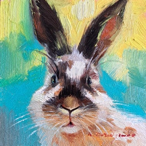 Cute rabbit painting original oil framed 4x4, Small framed art rabbit artwork, Bunny illustration art gift for friend