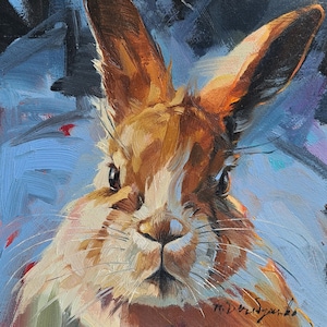 Funny rabbit oil painting original art 6x6, Custom pet portrait, Bunny illustration ready to ship, Easter art, Nursery wall art