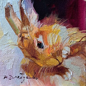 Rabbit painting original oil art framed 4x4, Small framed art girl rabbit artwork, Bunny woman gift