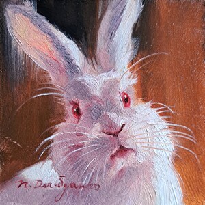 Cute bunny painting original oil 4x4 framed painting, Small framed art rabbit artwork, Happy birthday gift
