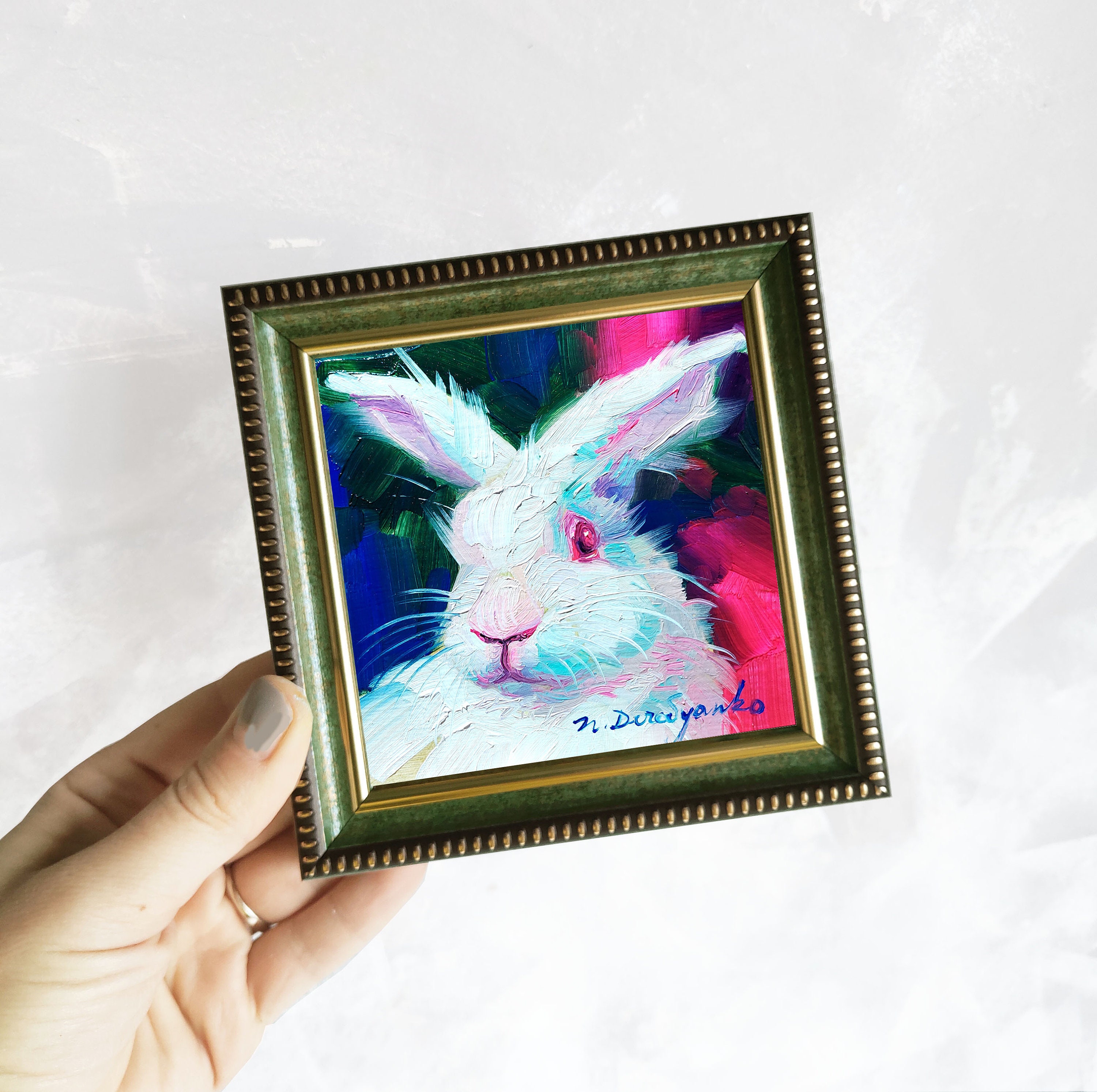 Cute White Rabbit Painting Original Oil Framed 4x4, Small Framed Art ...