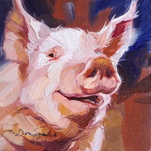 Pink pig artwork oil painting original small art framed 4x4, Custom pet portrait, Nursery wall art piggy lover gift