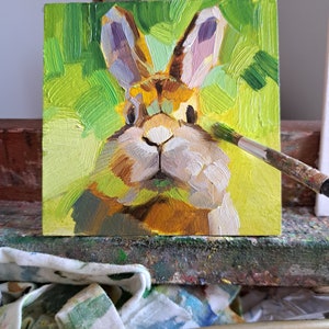 Lapin mignon peignant à l'huile originale 4 x 4, petite oeuvre d'art encadrée de lapin, cadeau d'art d'illustration de lapin pour un ami image 10