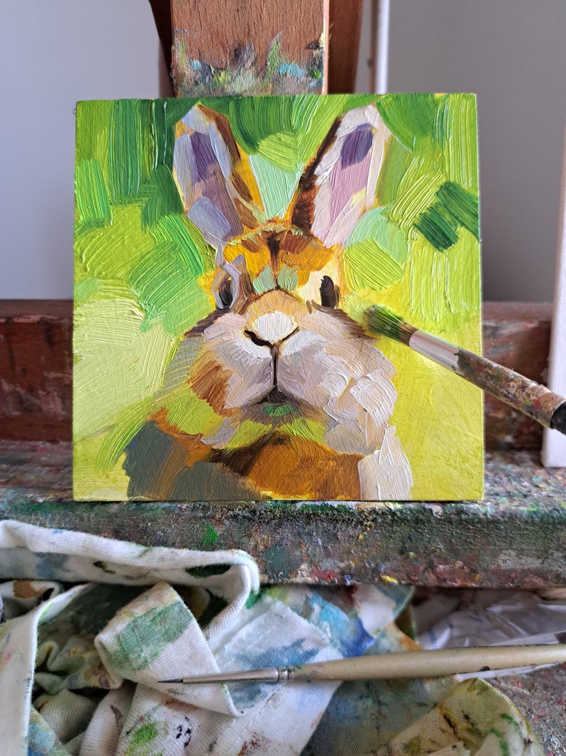 Lapin mignon peignant à l'huile originale 4 x 4, petite oeuvre d'art encadrée de lapin, cadeau d'art d'illustration de lapin pour un ami image 10