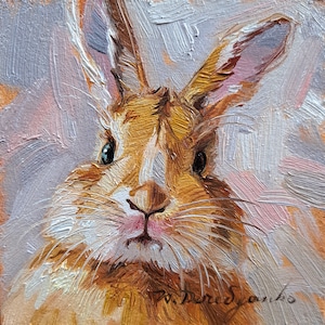 Cute rabbit painting original oil framed 4x4, Small framed art beige rabbit artwork, Bunny illustration art gift for friend