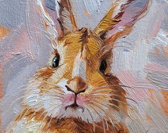 Cute rabbit painting original oil framed 4x4, Small framed art beige rabbit artwork, Bunny illustration art gift for friend