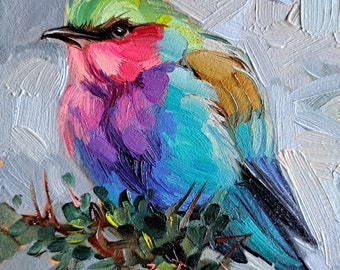 Pintura de pájaros original 4x4 pequeño arte enmarcado, colorido pájaro pared arte mini mejor regalo de amigo