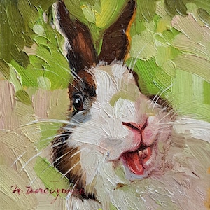 Cute rabbit painting original oil framed 4x4, Small framed art rabbit artwork, Bunny illustration art gift for friend