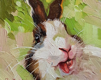 Cute rabbit painting original oil framed 4x4, Small framed art rabbit artwork, Bunny illustration art gift for friend