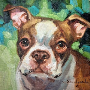 Pintura al óleo original de perro Boston terrier, retrato de mascota, pintura de perro, lienzo personalizado a partir de una foto, regalo de recuerdo para el propietario