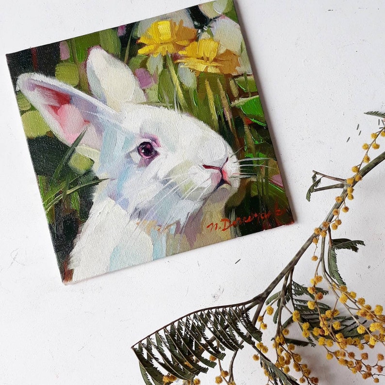 White Rabbit Bunny Mini Painting in Frame 6x6 Rabbit Wall Art Etsy Canada