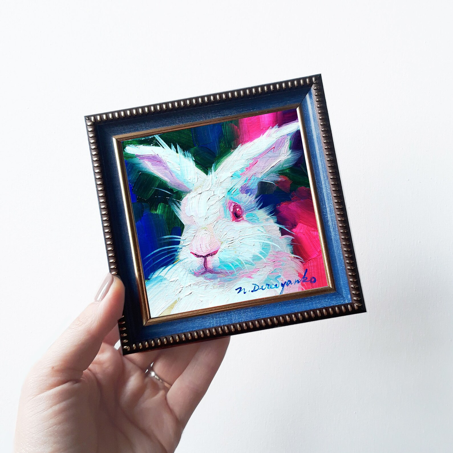 Cute White Rabbit Painting Original Oil Framed 4x4, Small Framed Art ...