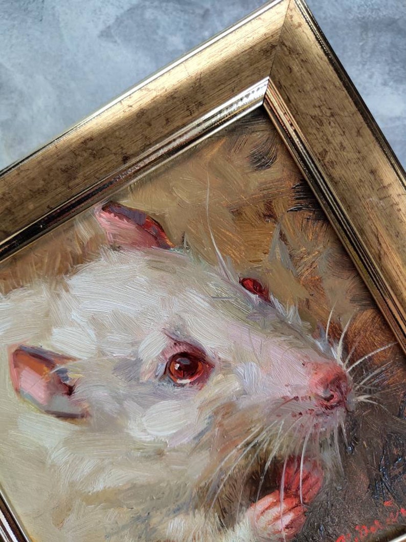 Rat art painting small original 5x5 Chinese New Year, Miniature Gift 4x4, Gold framed rat picture Custom Pet Portrait image 4