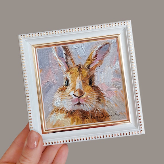 Cute Rabbit Painting Original Oil Framed 4x4, Small Framed
